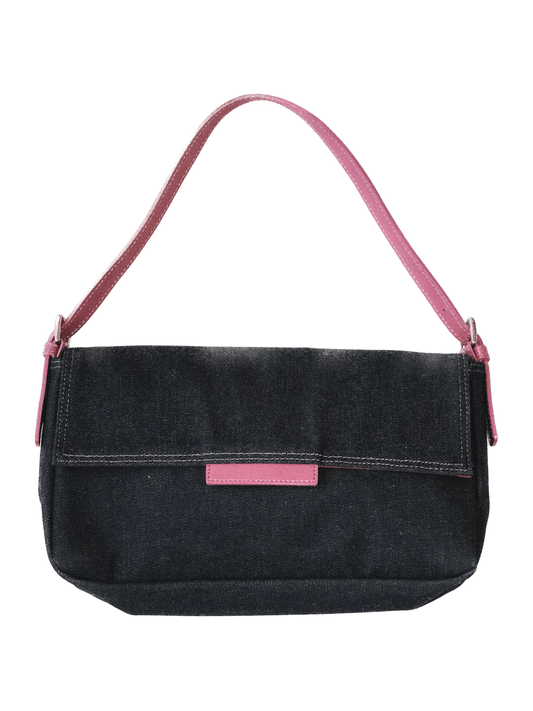 Vintage Denim & Hot Pink Baguette Bag